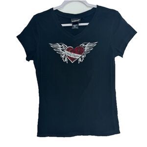Harley Davidson Women’s Black Winged Heart Graphic Gems T Shirt Y2K Style L